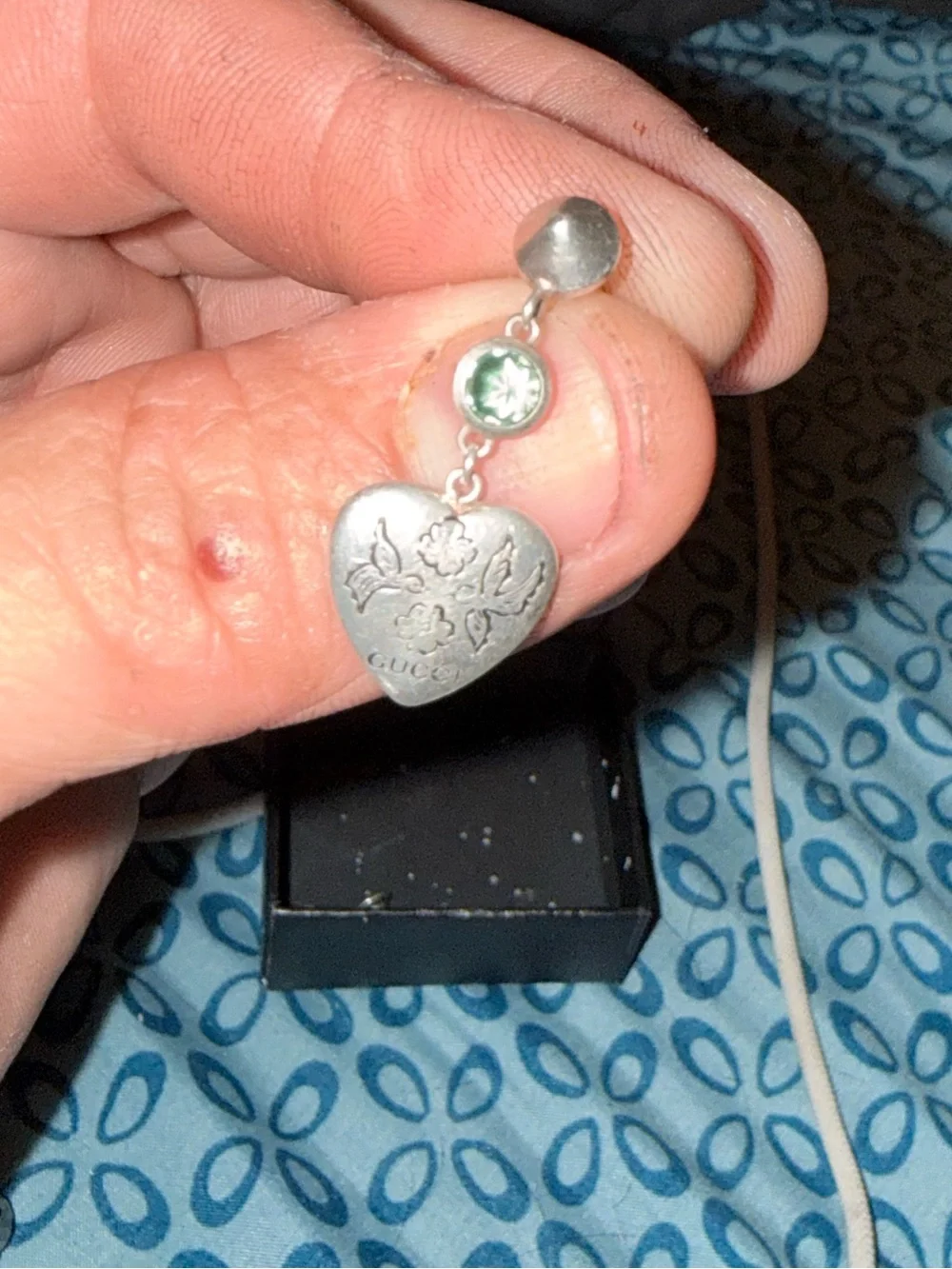 Gucci Silver Heart Drop Earrings with Green and Pink Stones “Blind For Love”